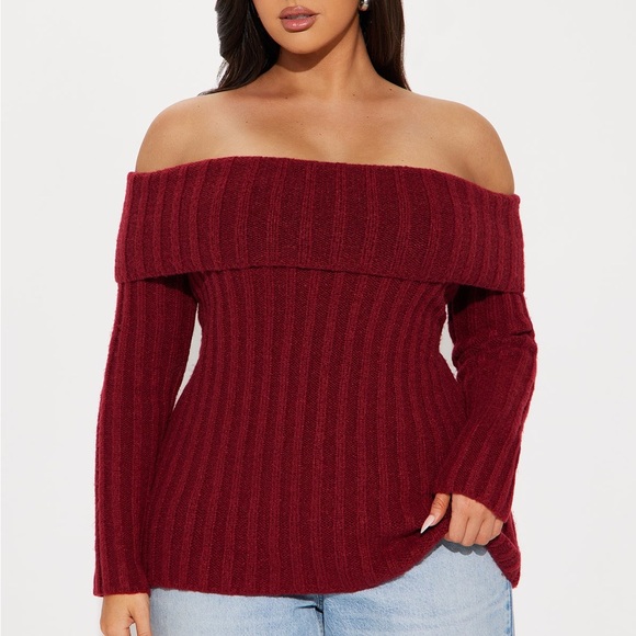 Burgundy Off the Shoulder Ribbed Sweater 🥀 - Picture 5 of 7